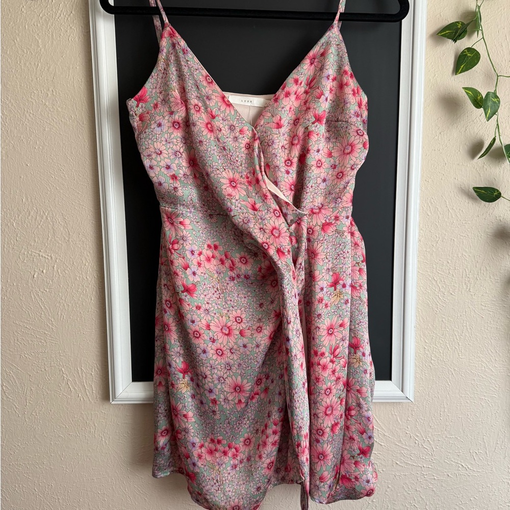Lush Pink and Green Floral Wrap Dress